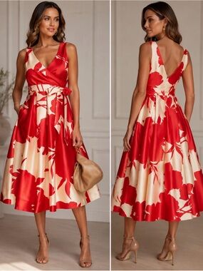 Donna Karan Red and Cream Floral A-line Beach SanSahara Midi Dress